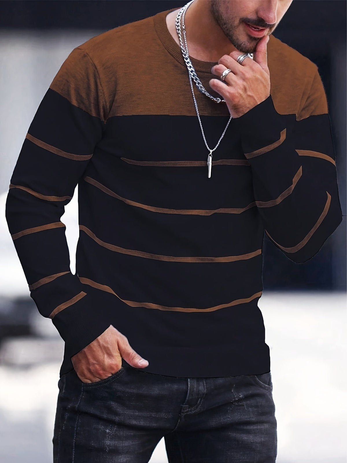 Men's Colour-Block Striped Pullover Sweater Long-Sleeve Casual Everyday
