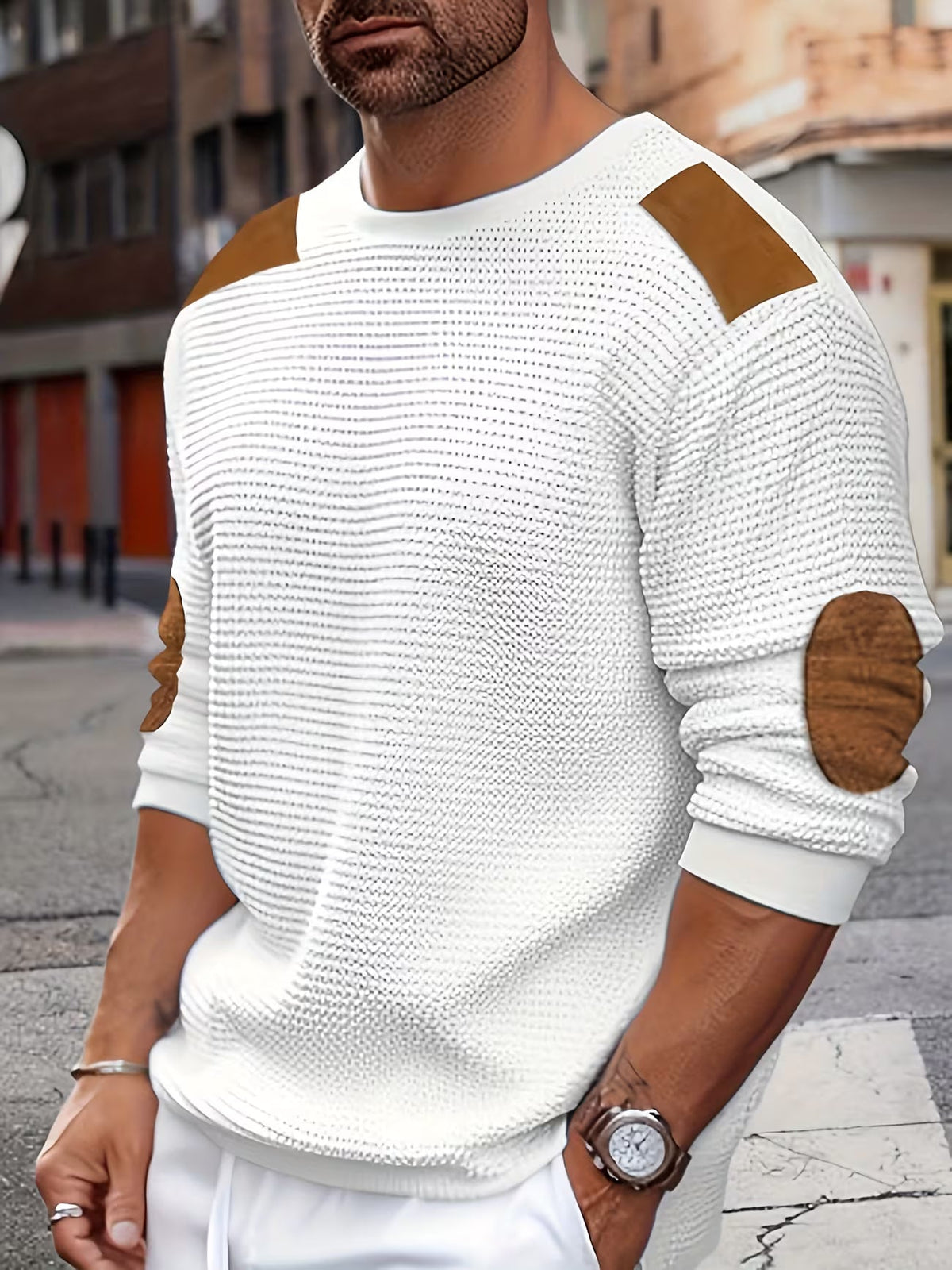 Men's Casual Waffle Knit Crewneck Sweatshirt Colour Block Relaxed Fit Everyday Wear