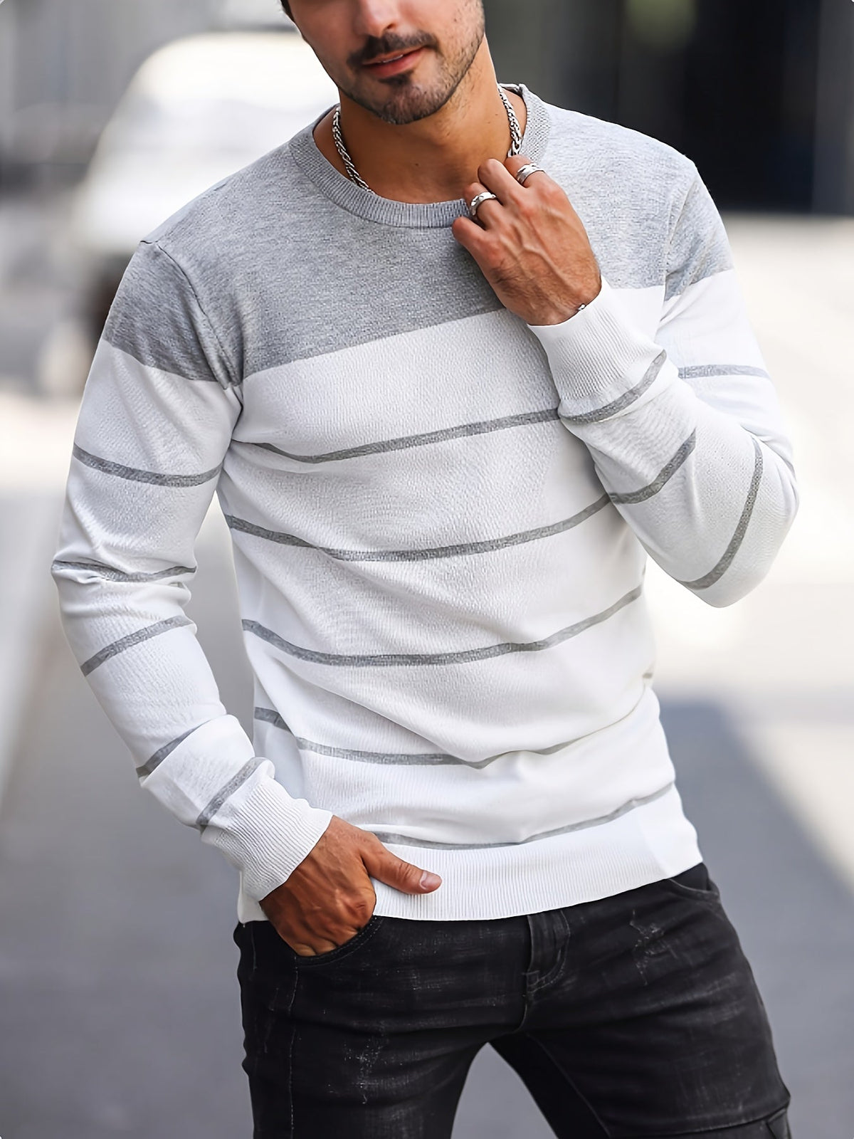 Men's Colour-Block Striped Pullover Sweater Long-Sleeve Casual Everyday