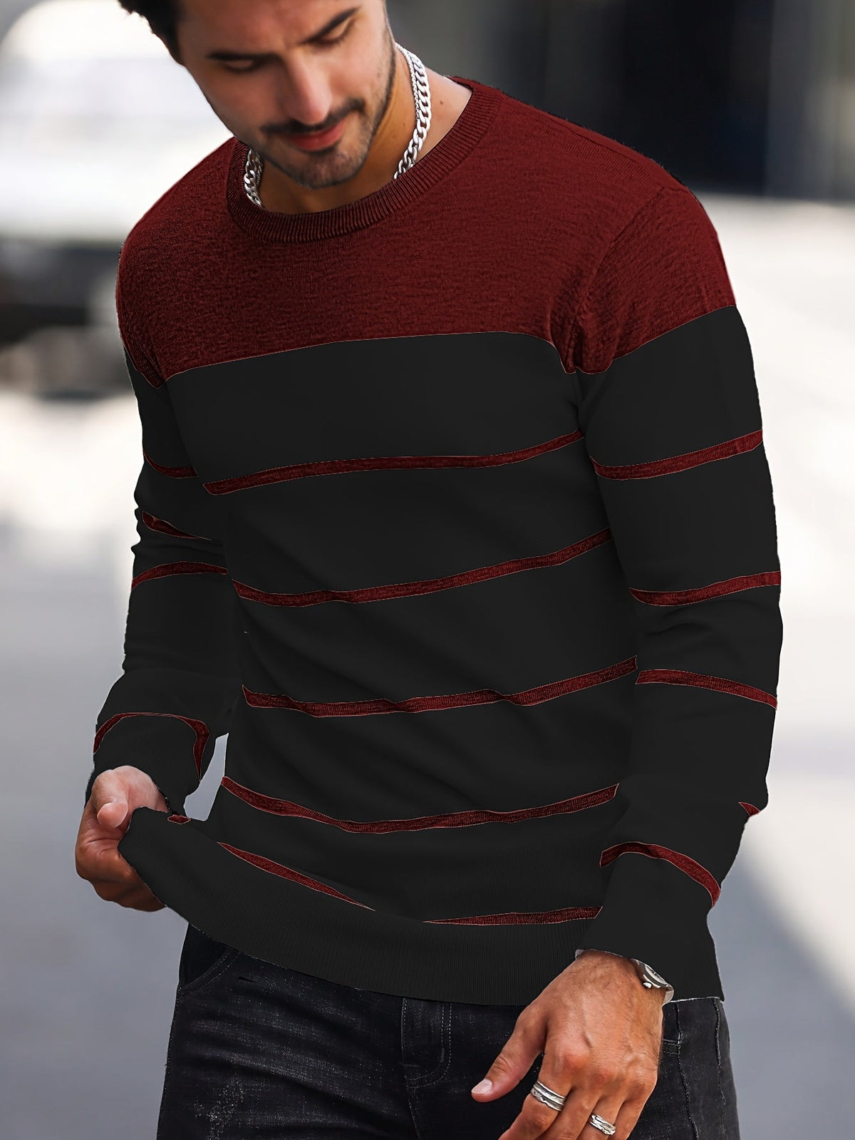 Men's Colour-Block Striped Pullover Sweater Long-Sleeve Casual Everyday