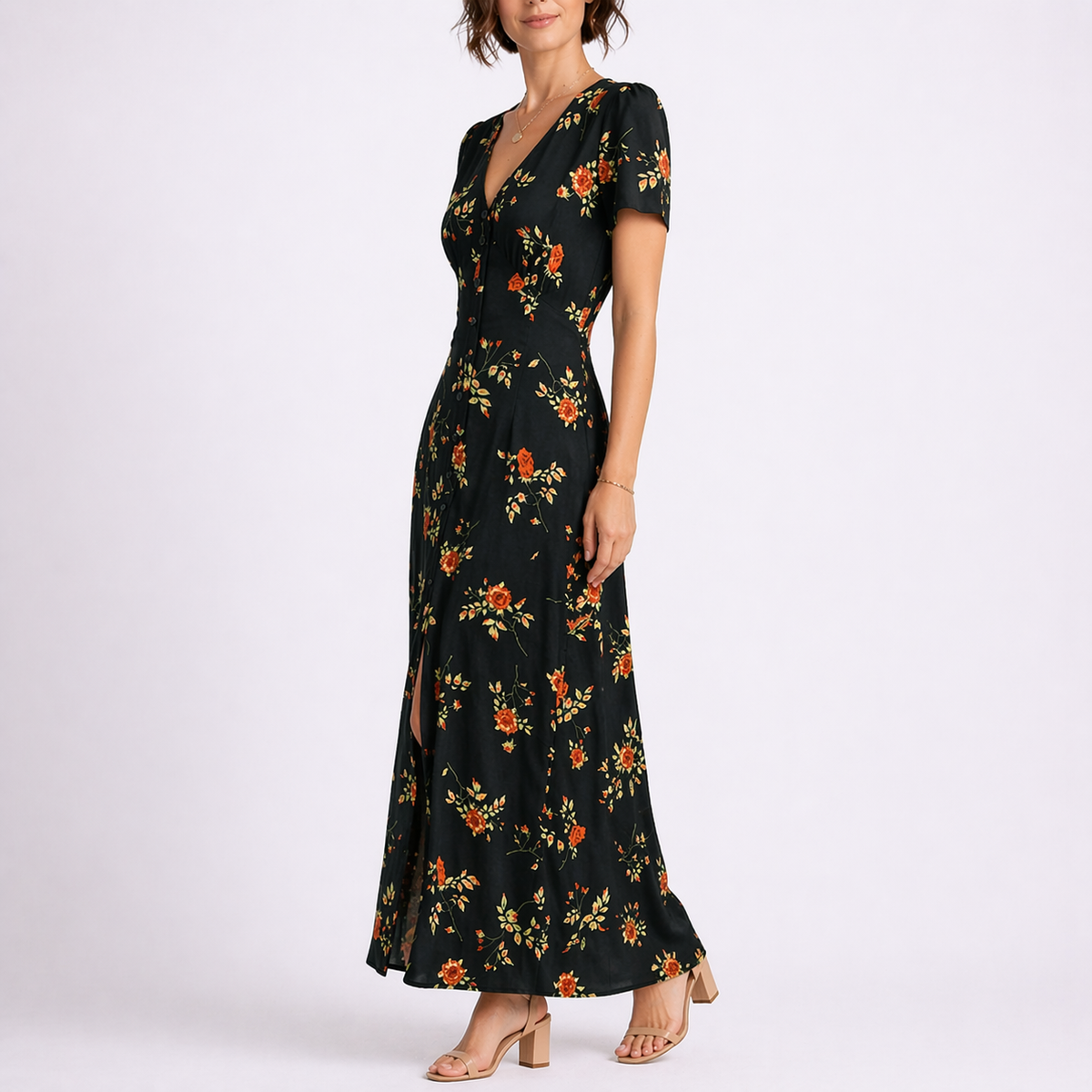 Women's Floral Midi Dress Elegant Printed Design Short Sleeve Casual Summer