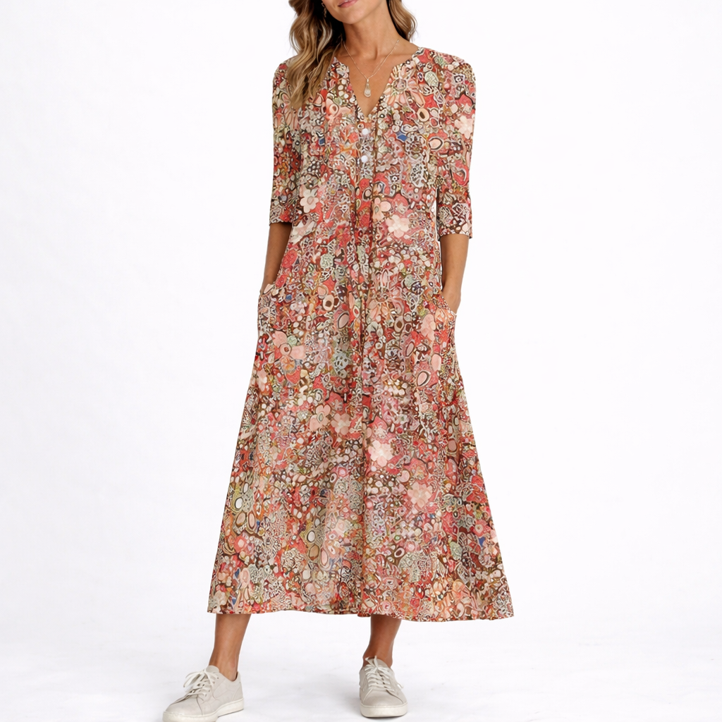 Women's Floral Midi Dress Short Sleeve V-Neck Casual Summer Occasion