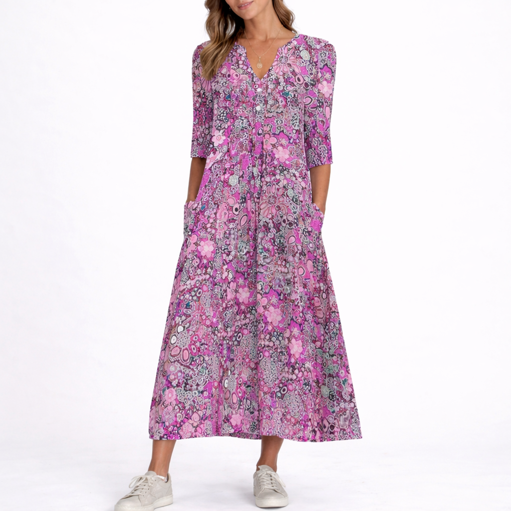 Women's Floral Midi Dress Short Sleeve V-Neck Casual Summer Occasion