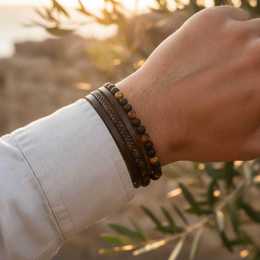 Men's Braided Leather Bracelet Stone Accents Magnetic Closure Stylish Accessory