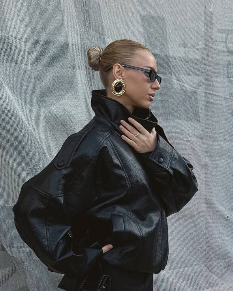 Women's High Neck Faux Leather Jacket Fitted Zip Closure Stylish Everyday Wear