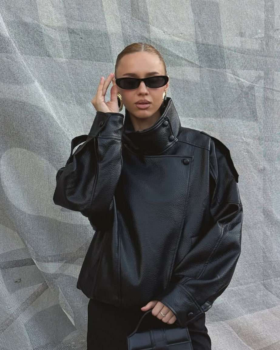 Women's High Neck Faux Leather Jacket Fitted Zip Closure Stylish Everyday Wear