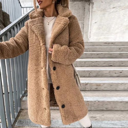 Women's Teddy Coat Notched Collar Button Front Casual Layering Outerwear