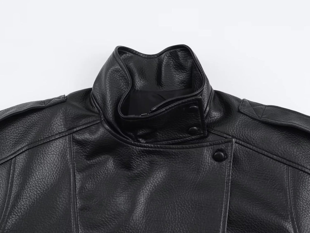 Women's High Neck Faux Leather Jacket Fitted Zip Closure Stylish Everyday Wear