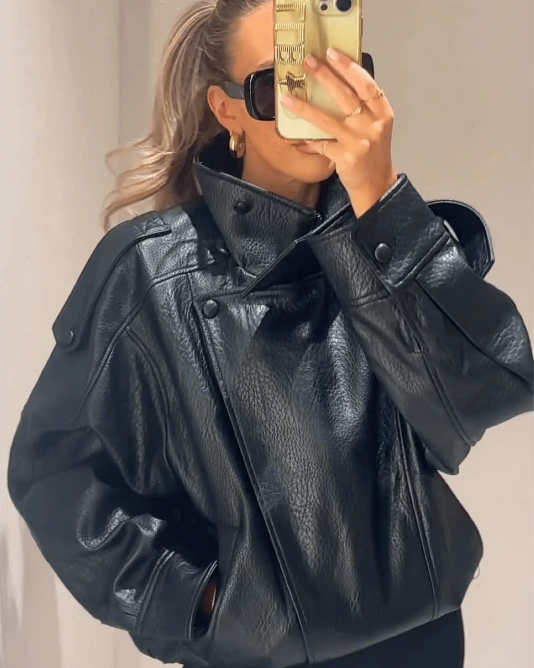 Women's High Neck Faux Leather Jacket Fitted Zip Closure Stylish Everyday Wear
