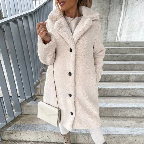 Women's Teddy Coat Notched Collar Button Front Casual Layering Outerwear
