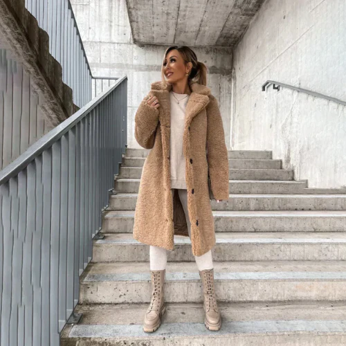 Women's Teddy Coat Notched Collar Button Front Casual Layering Outerwear