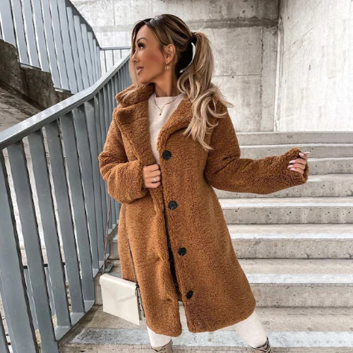 Women's Teddy Coat Notched Collar Button Front Casual Layering Outerwear