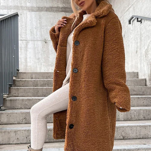 Women's Teddy Coat Notched Collar Button Front Casual Layering Outerwear