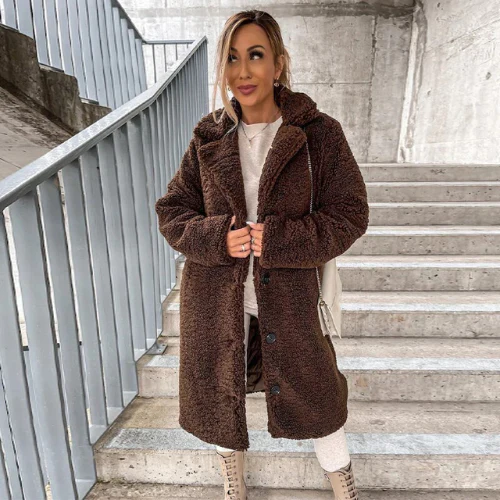 Women's Teddy Coat Notched Collar Button Front Casual Layering Outerwear