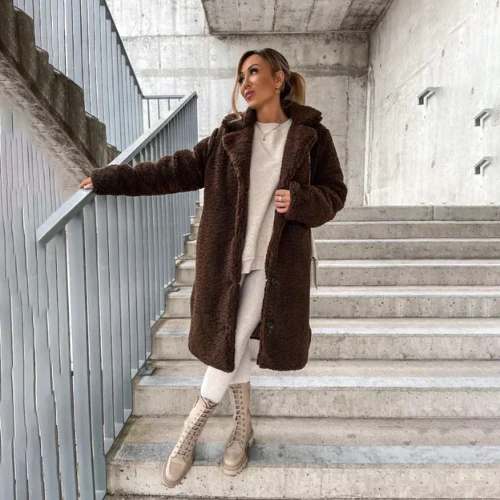 Women's Teddy Coat Notched Collar Button Front Casual Layering Outerwear