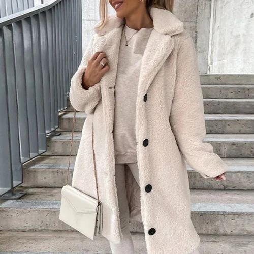 Women's Teddy Coat Notched Collar Button Front Casual Layering Outerwear