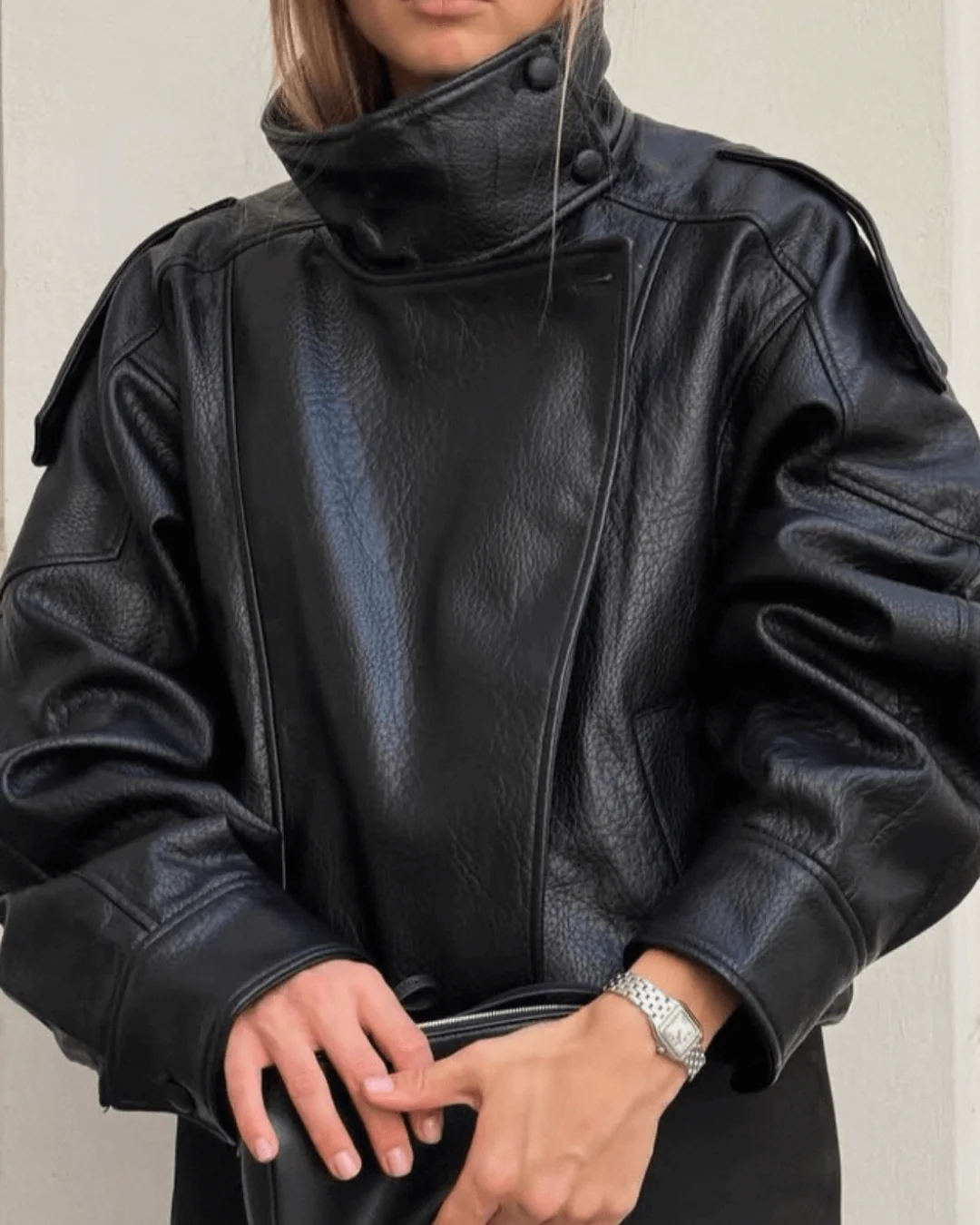 Women's High Neck Faux Leather Jacket Fitted Zip Closure Stylish Everyday Wear
