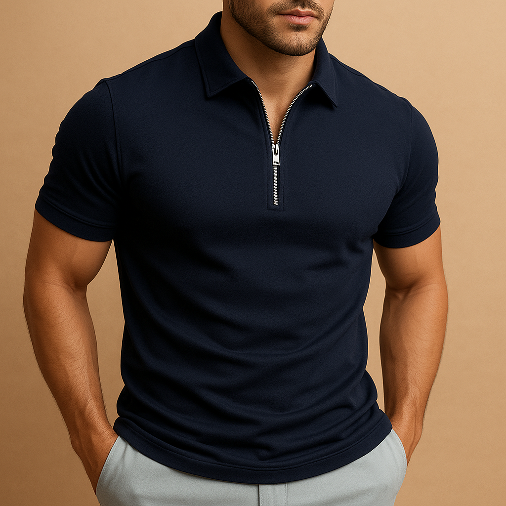 Men's Slim Fit Zip Polo Shirt Short Sleeve Collared Smart-Casual Everyday