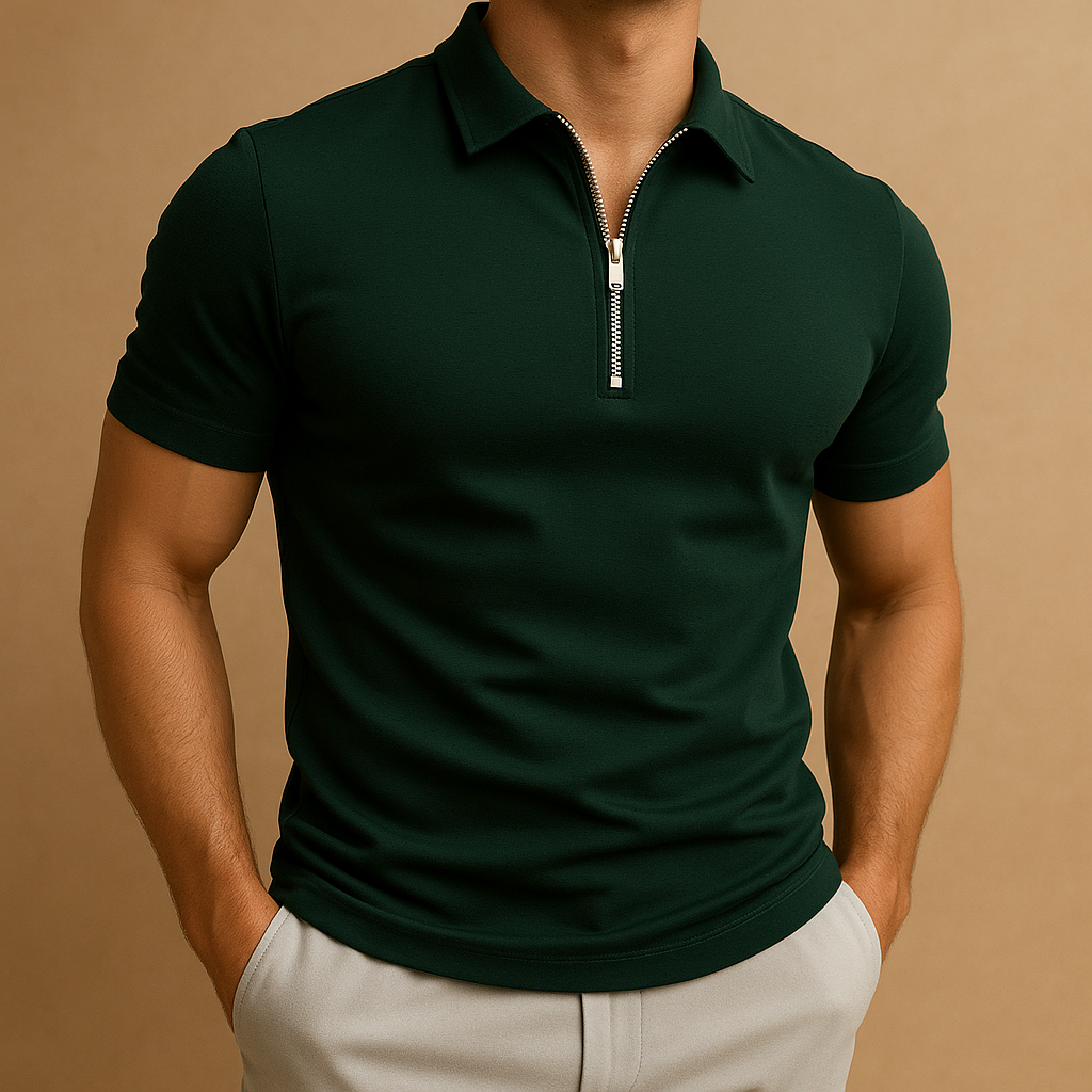 Men's Slim Fit Zip Polo Shirt Short Sleeve Collared Smart-Casual Everyday