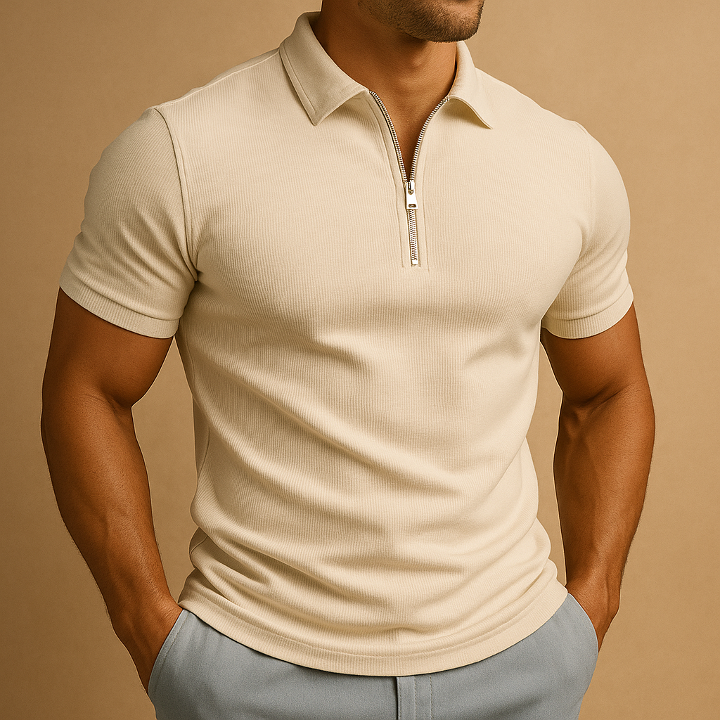 Men's Slim Fit Zip Polo Shirt Short Sleeve Collared Smart-Casual Everyday