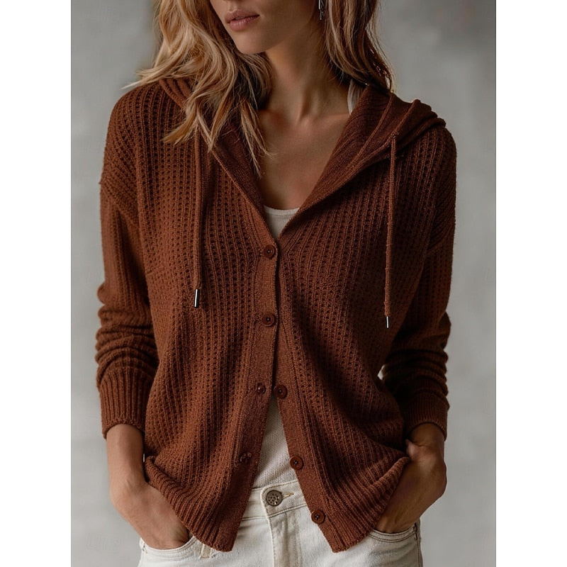 Women's Hooded Cardigan Sweater Button-Front Ribbed Cuffs Casual Layering