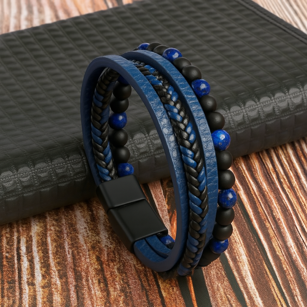 Men's Braided Leather Bracelet Stone Accents Magnetic Closure Stylish Accessory