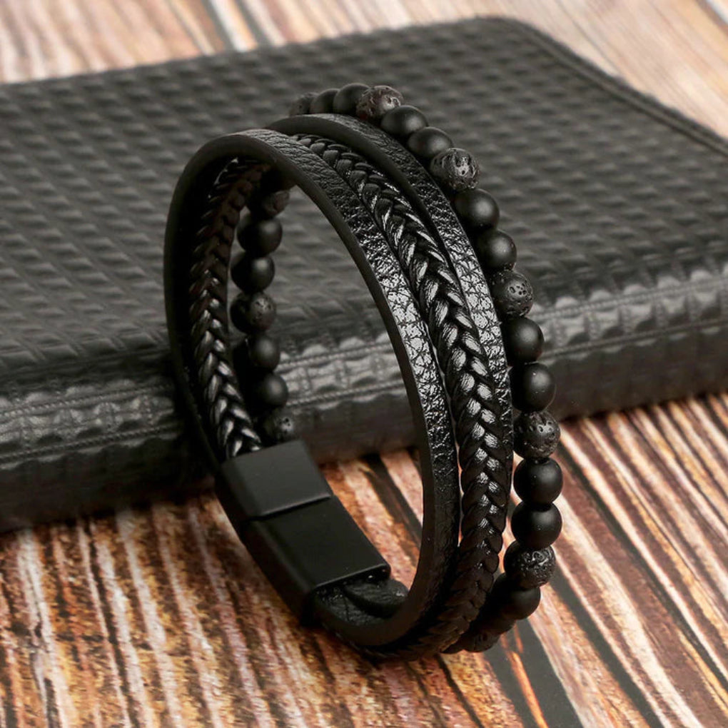 Men's Braided Leather Bracelet Stone Accents Magnetic Closure Stylish Accessory