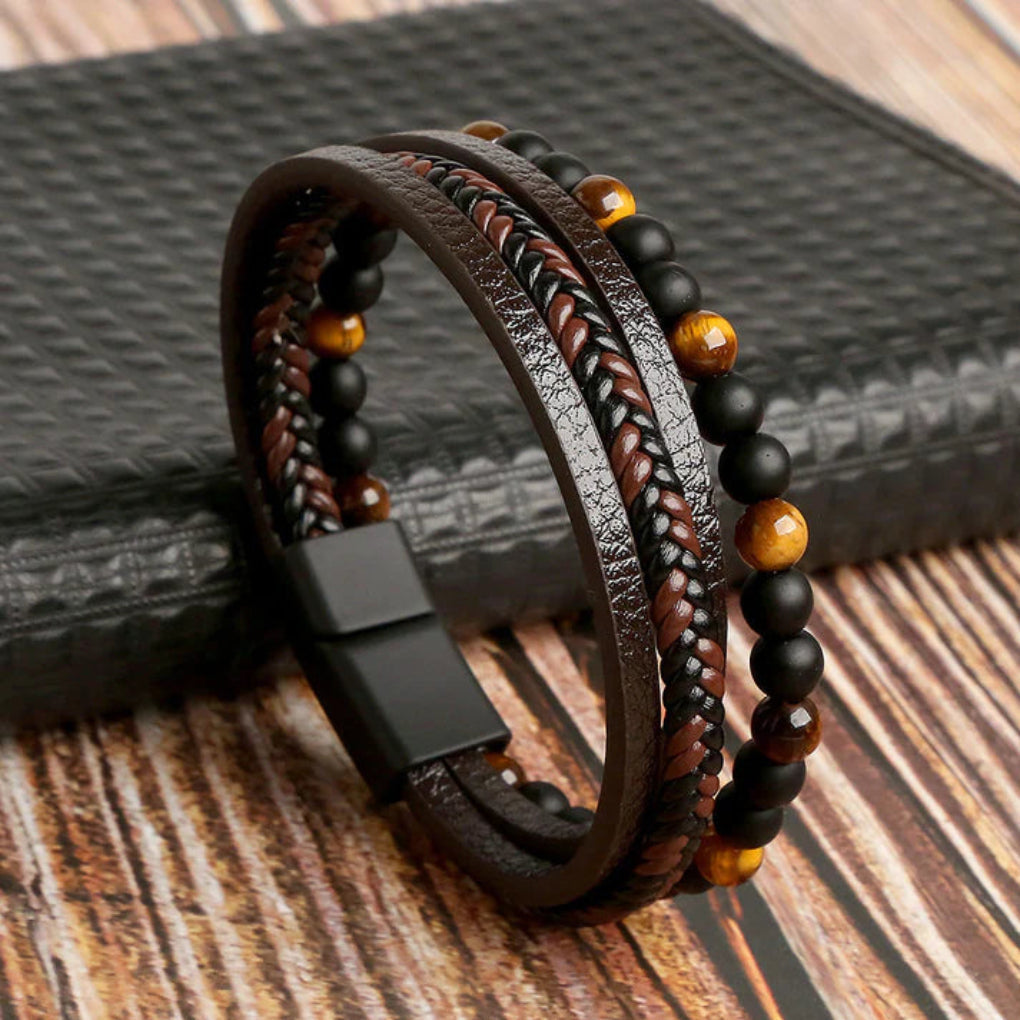 Men's Braided Leather Bracelet Stone Accents Magnetic Closure Stylish Accessory