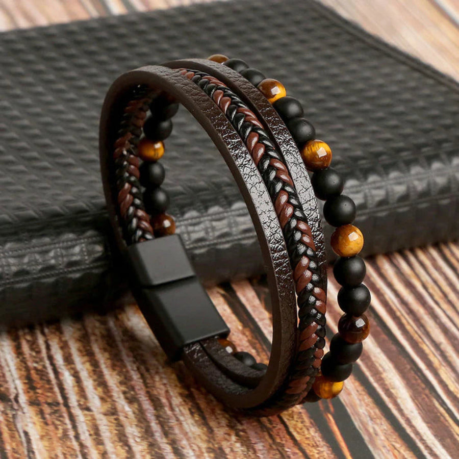 Men's Braided Leather Bracelet Stone Accents Magnetic Closure Stylish Accessory