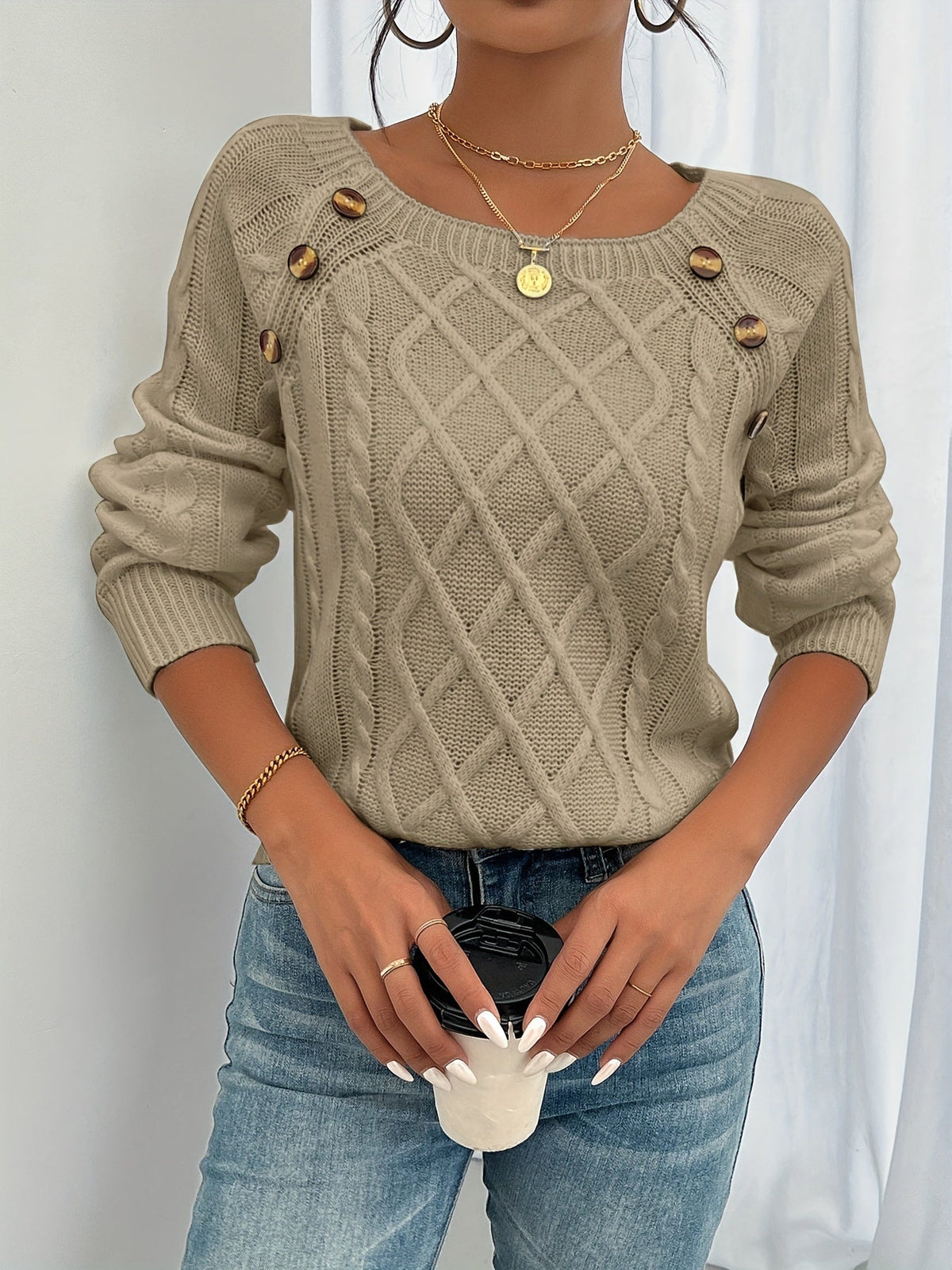 Women's Cable Knit Pullover Sweater Long Sleeve Crew Neck Cosy Casual Everyday