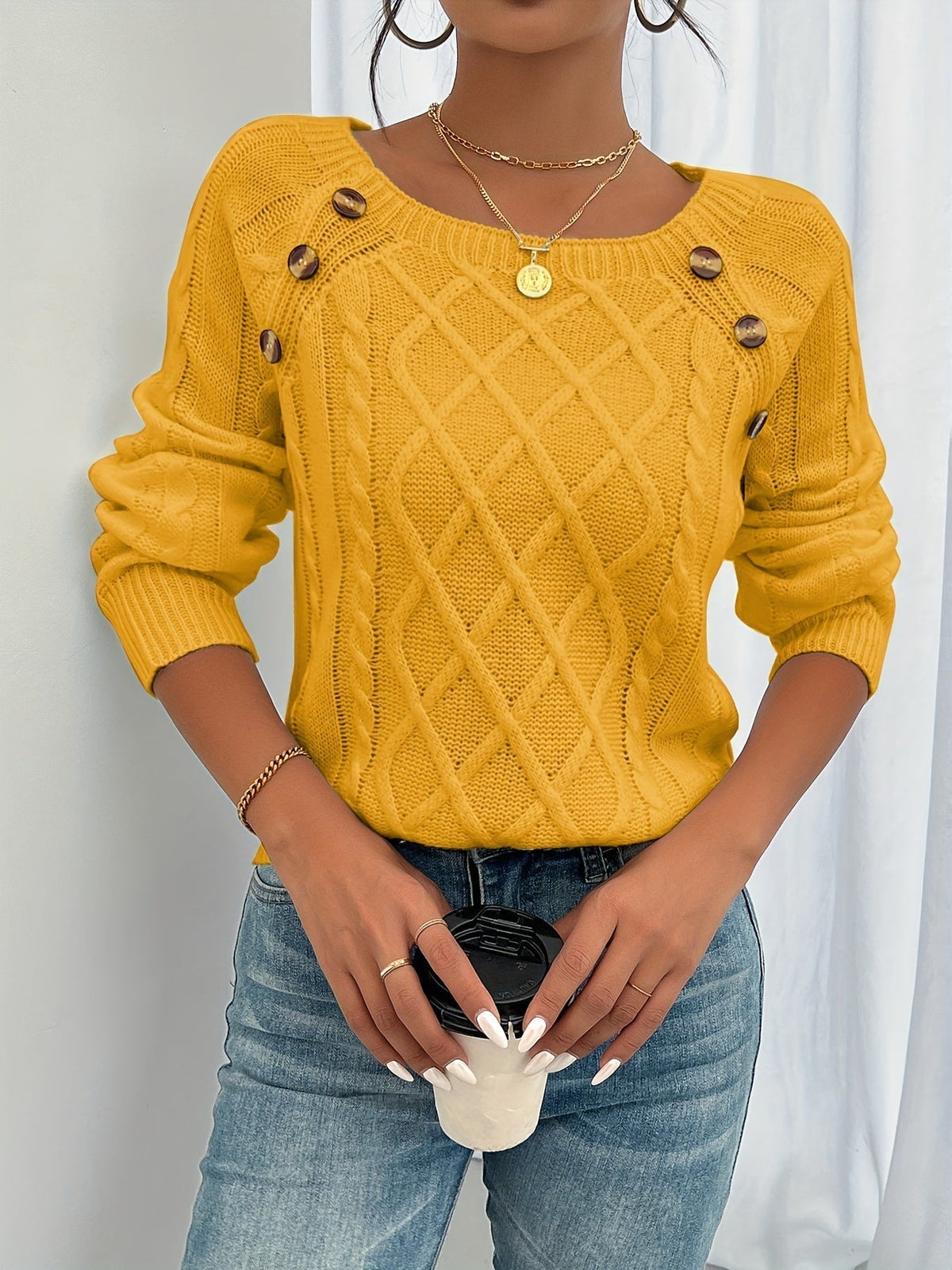 Women's Cable Knit Pullover Sweater Long Sleeve Crew Neck Cosy Casual Everyday