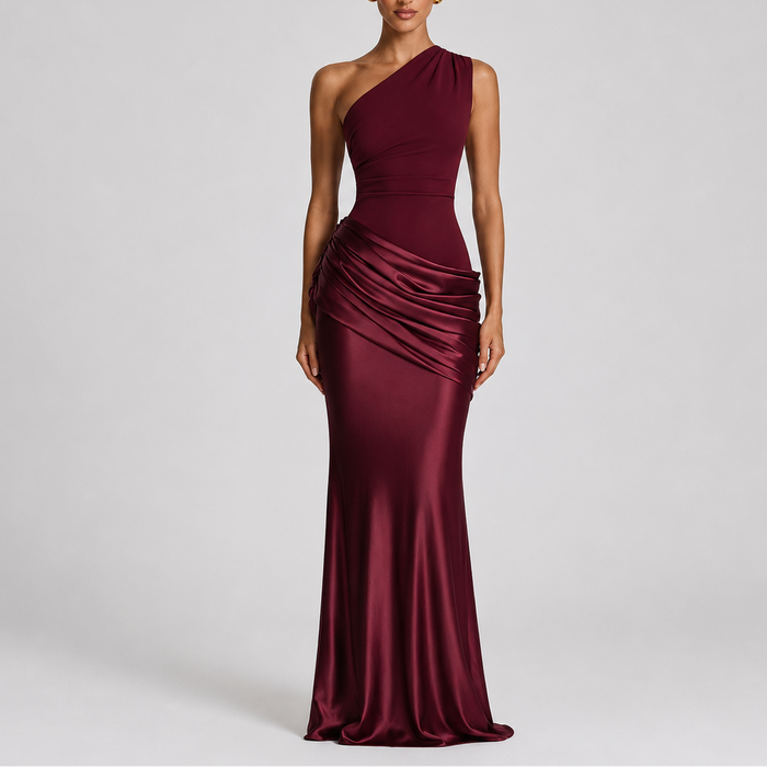 Women's One Shoulder Satin Maxi Dress in Burgundy — front view
