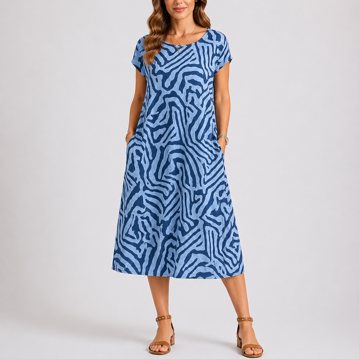 Women's Casual Midi Dress Round Neck Short Sleeve Summer Everyday