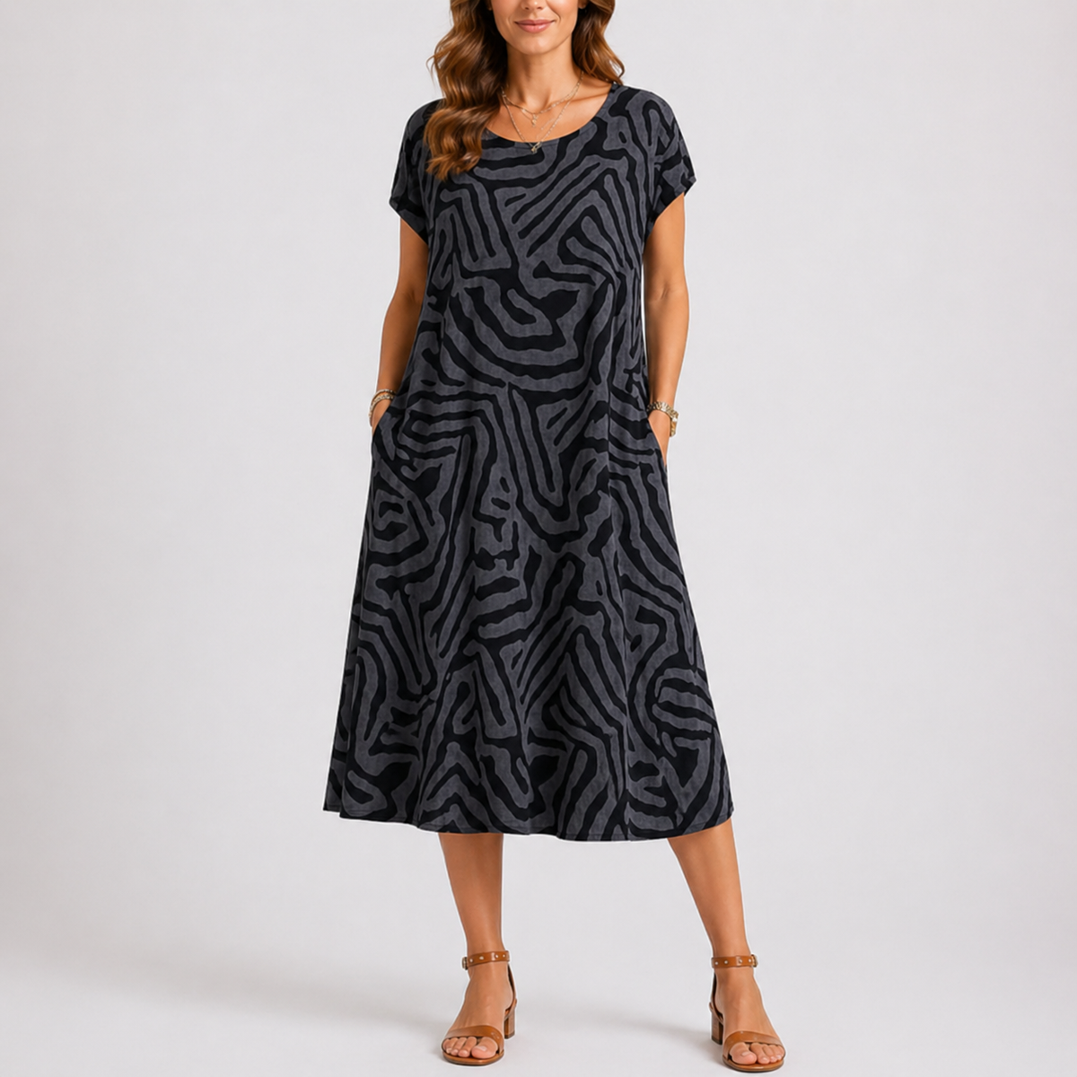 Women's Casual Midi Dress Round Neck Short Sleeve Summer Everyday