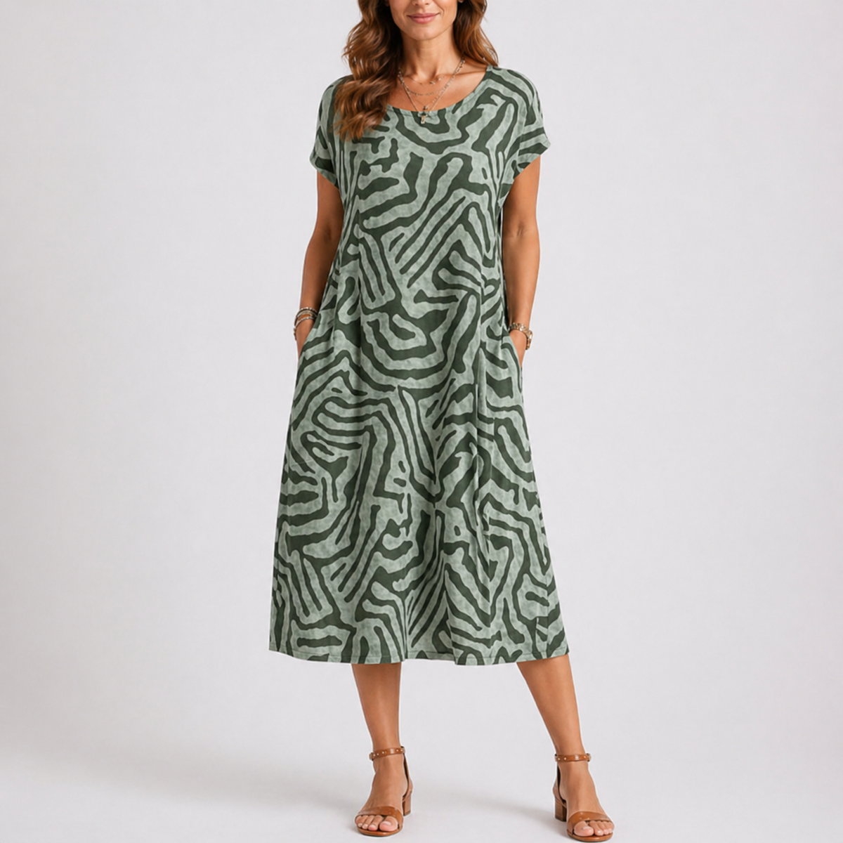 Women's Casual Midi Dress Round Neck Short Sleeve Summer Everyday