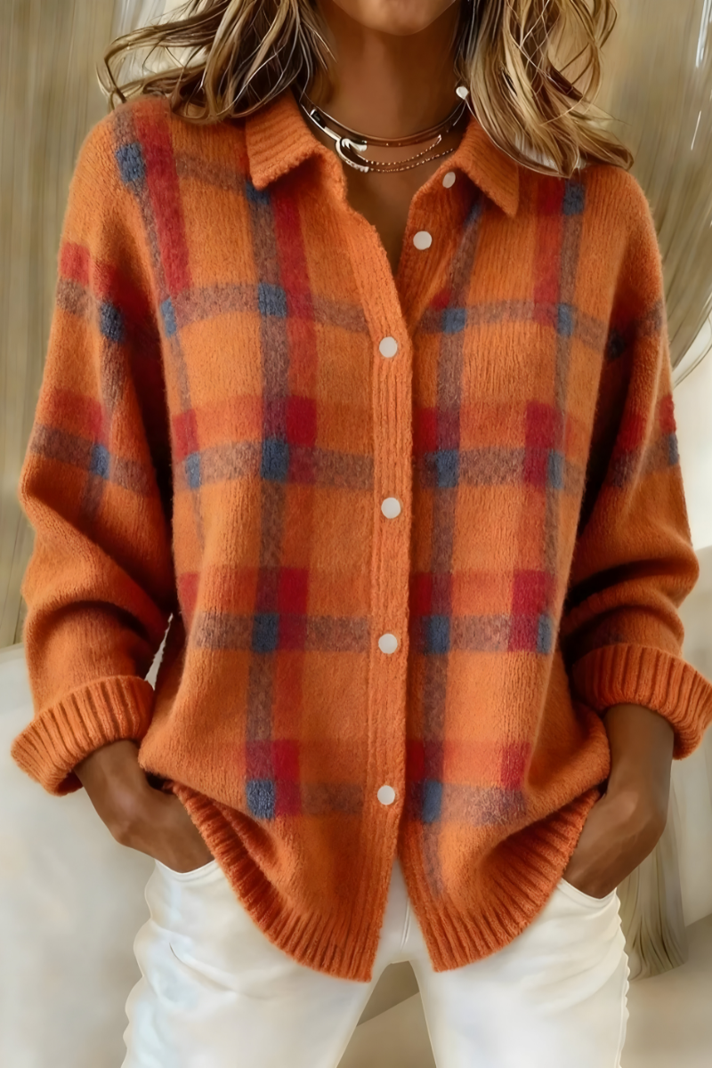 Women's Plaid Button-Up Cardigan Long Sleeve Casual Layering Sweater