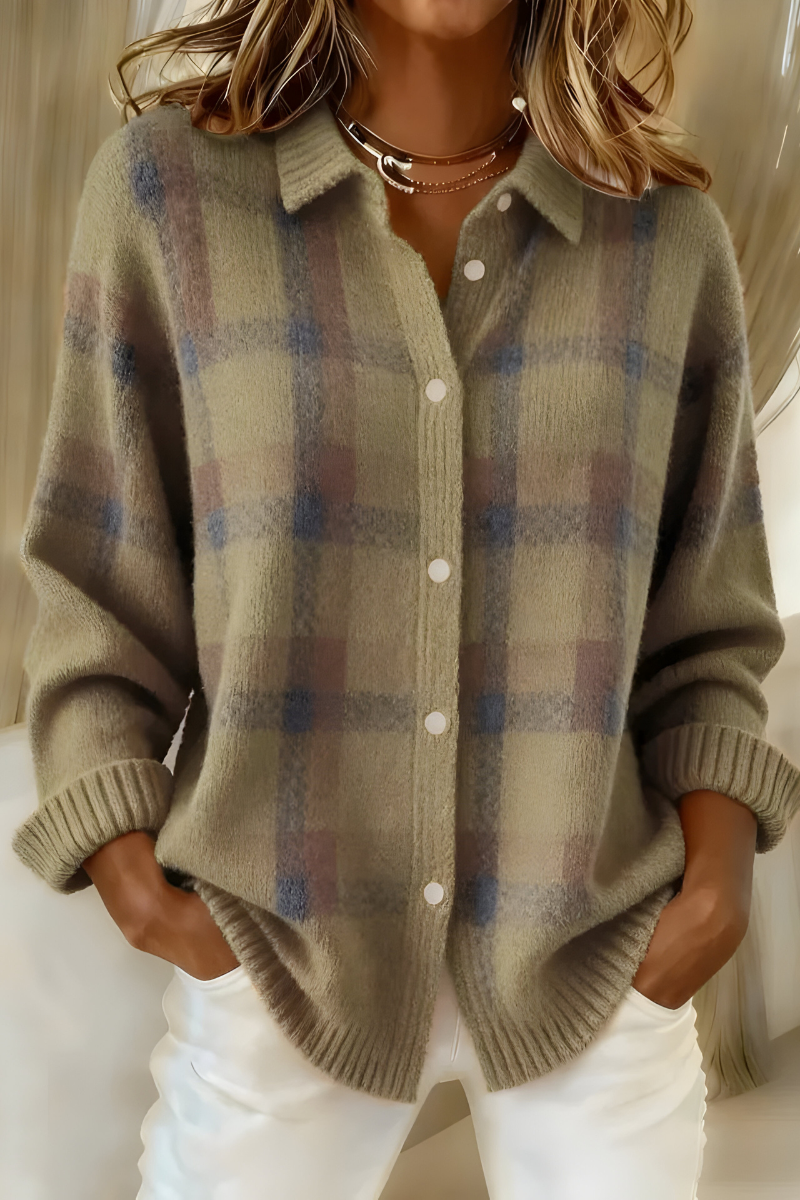 Women's Plaid Button-Up Cardigan Long Sleeve Casual Layering Sweater