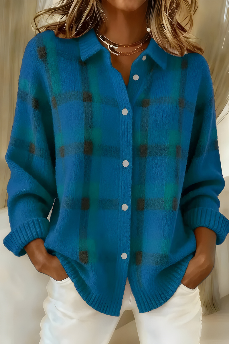 Women's Plaid Button-Up Cardigan Long Sleeve Casual Layering Sweater