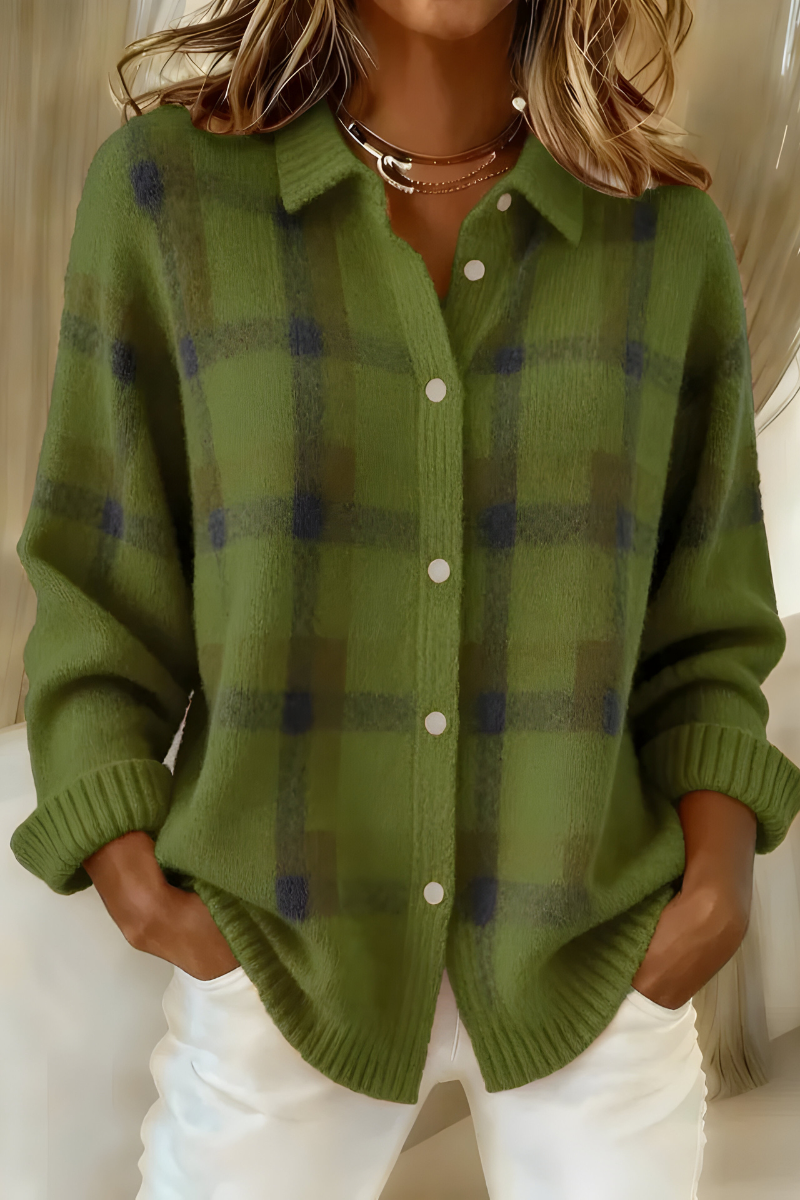 Women's Plaid Button-Up Cardigan Long Sleeve Casual Layering Sweater