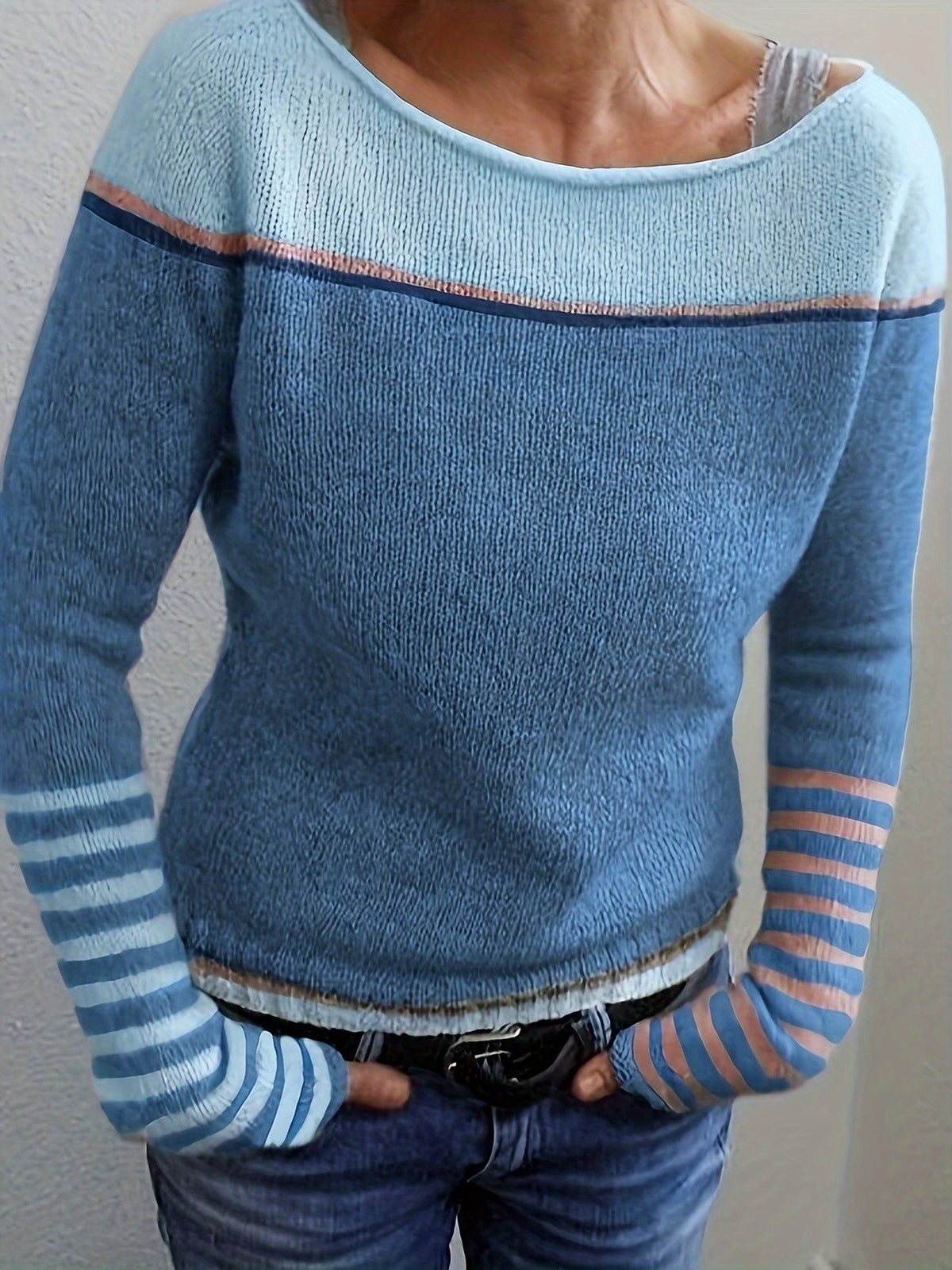 Women's Striped Knit Sweater Boat Neck Long Sleeve Casual Everyday Wear