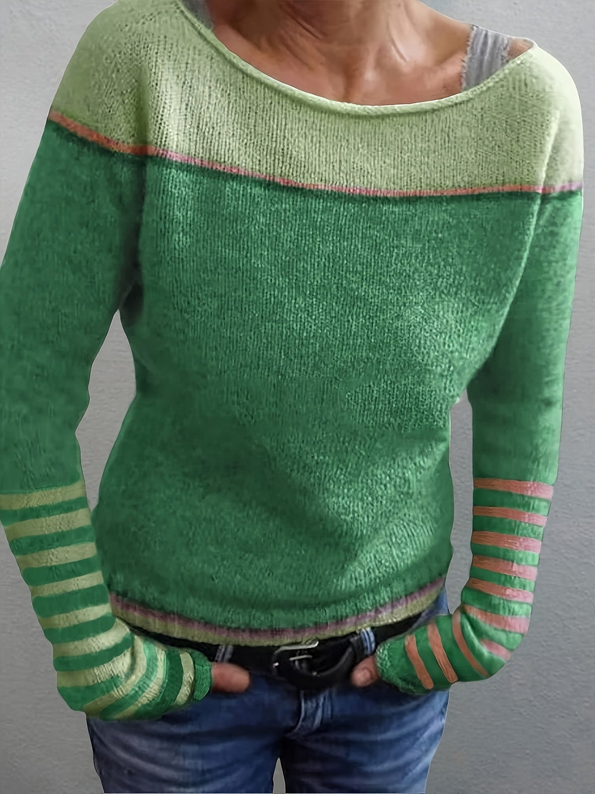 Women's Striped Knit Sweater Boat Neck Long Sleeve Casual Everyday Wear