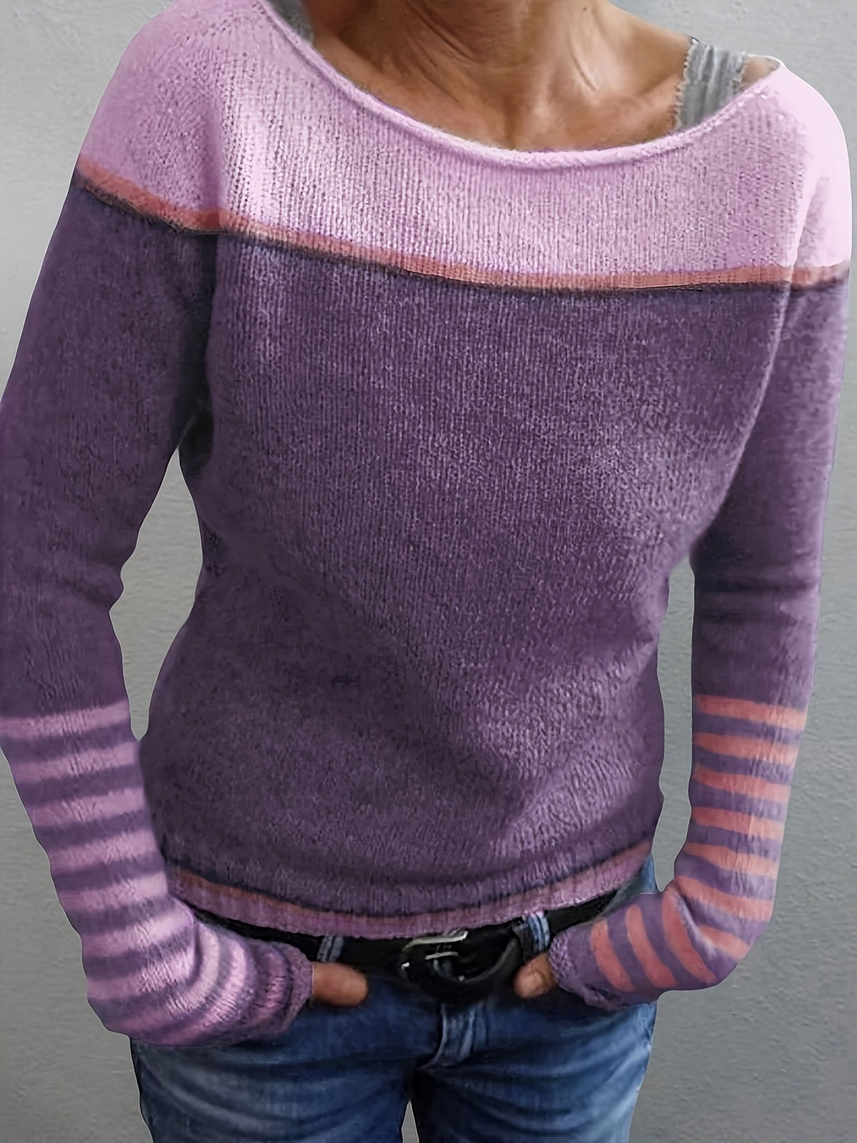 Women's Striped Knit Sweater Boat Neck Long Sleeve Casual Everyday Wear