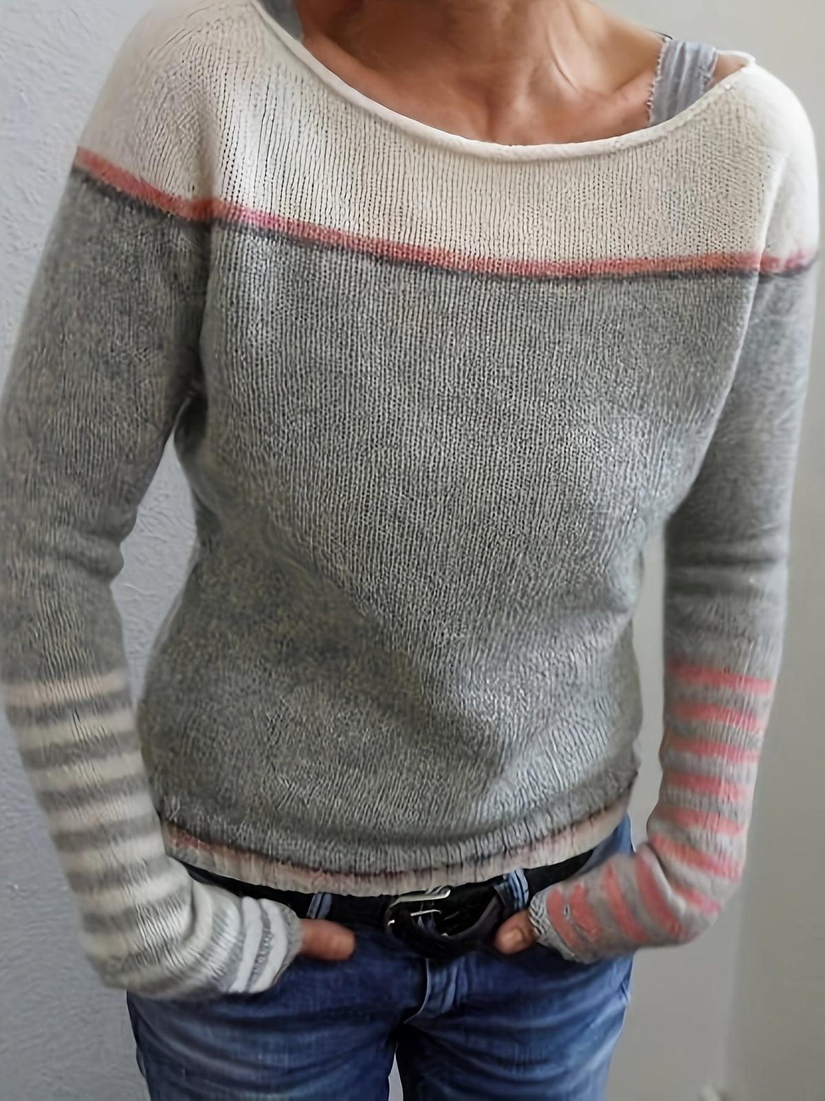 Women's Striped Knit Sweater Boat Neck Long Sleeve Casual Everyday Wear