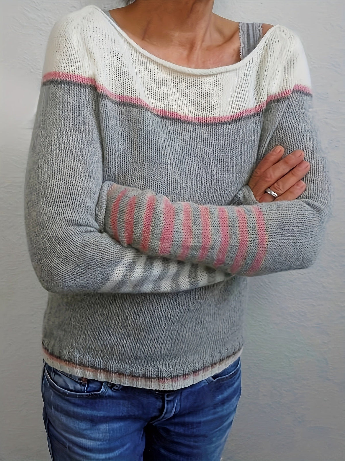 Women's Striped Knit Sweater Boat Neck Long Sleeve Casual Everyday Wear
