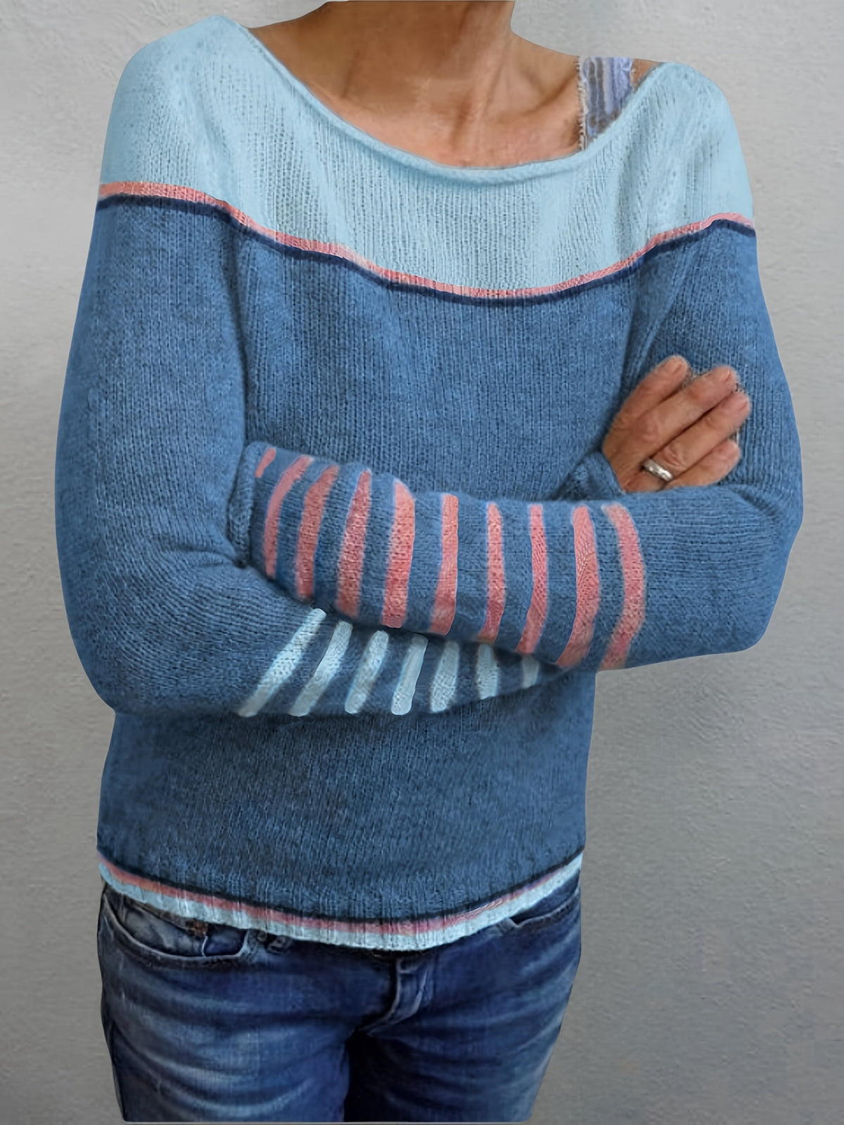 Women's Striped Knit Sweater Boat Neck Long Sleeve Casual Everyday Wear