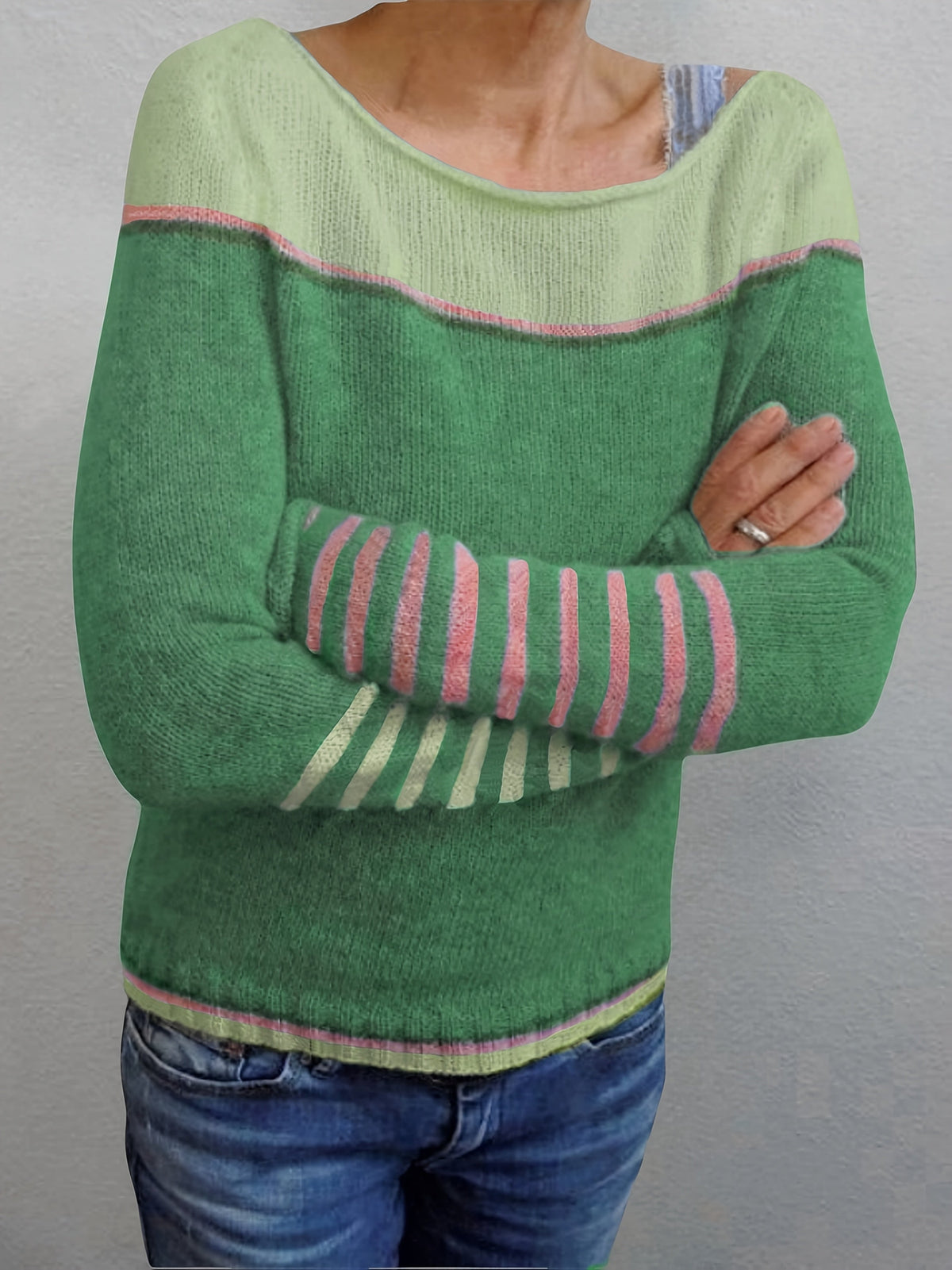Women's Striped Knit Sweater Boat Neck Long Sleeve Casual Everyday Wear