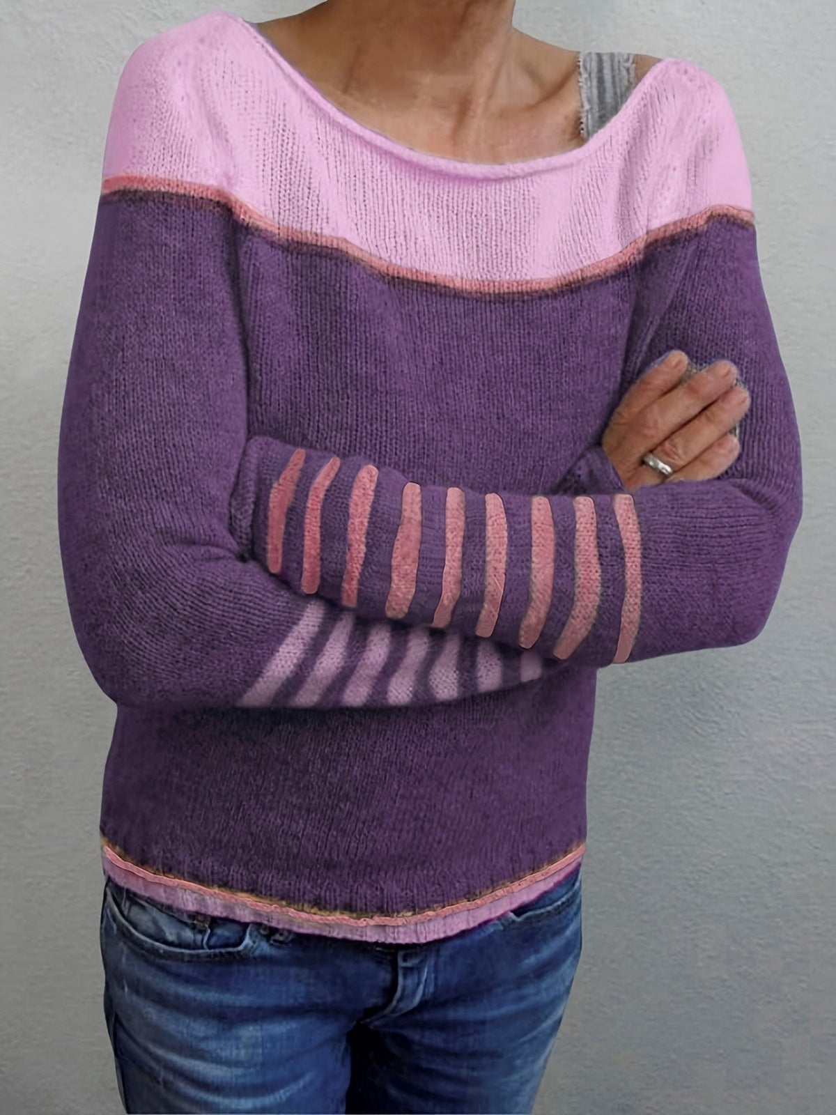 Women's Striped Knit Sweater Boat Neck Long Sleeve Casual Everyday Wear