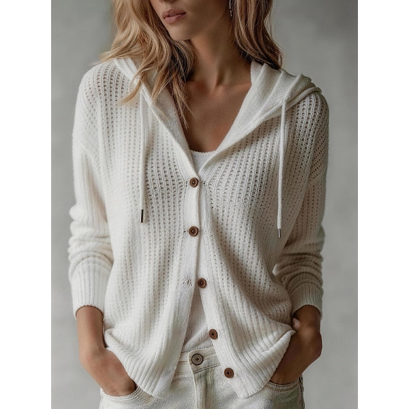 Women's Hooded Cardigan Sweater Button-Front Ribbed Cuffs Casual Layering