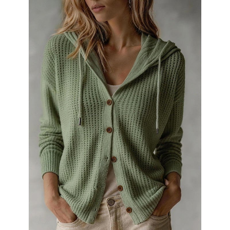 Women's Hooded Cardigan Sweater Button-Front Ribbed Cuffs Casual Layering