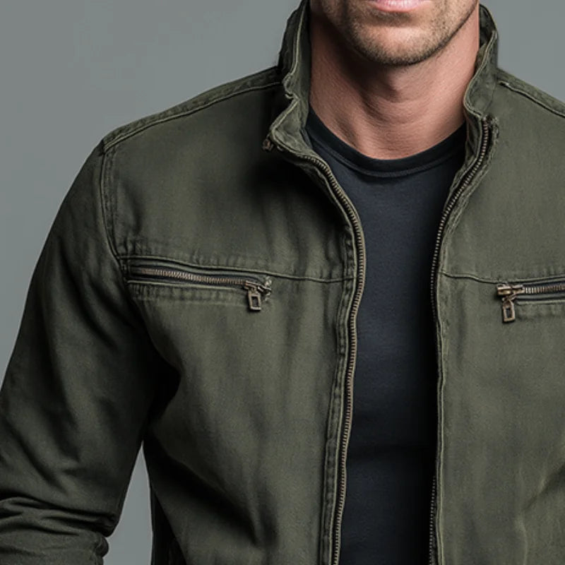 Men's Vintage Zip-Up Jacket Relaxed Fit Military Style Utility Pockets